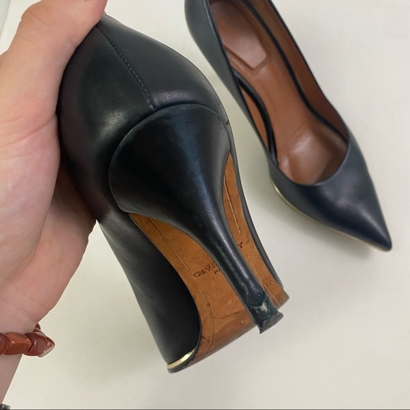 GIVENCHY black leather pointed toe gold trim pumps - Picture 7 of 9
